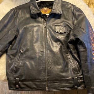 Harley-Davidson Vintage Black Leather Jacket with stitched Orange Flame Accents